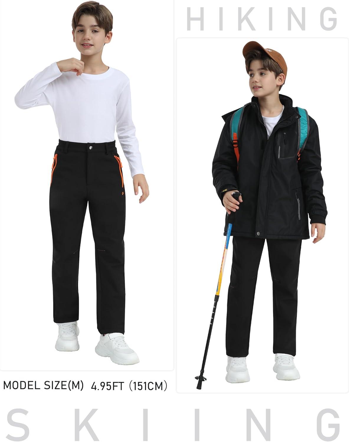 imageMoFiz Boys Fleece Hiking Snow Ski Pants Kids Winter Waterproof Warm Outdoor Pants with Zippered PocketY03black