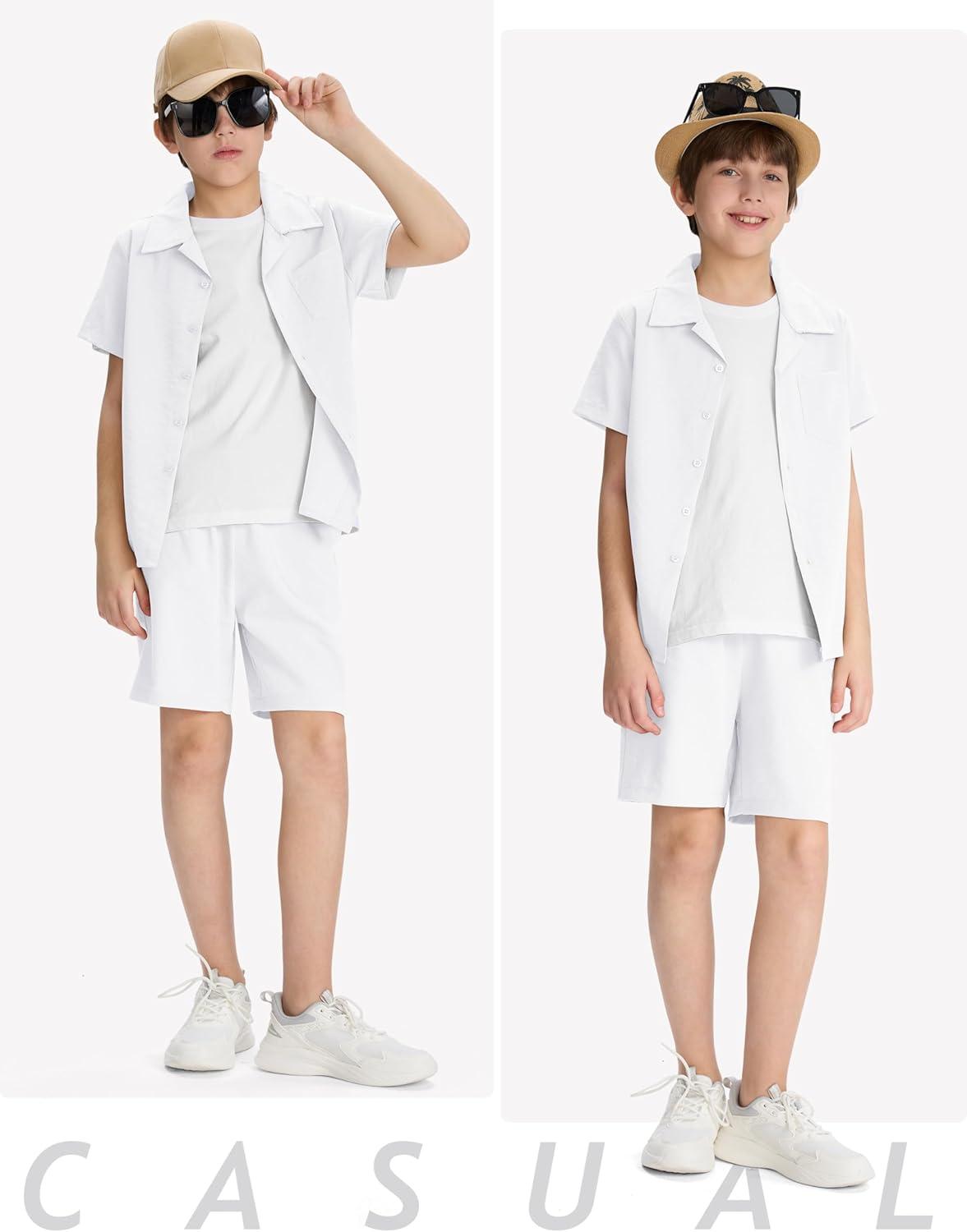 imageMoFiz Boys Short 2 Pieces Set Casual Beach Outfits Button Down Shirts Shorts Vacation Texture Sets Kids 616 YearsWhite