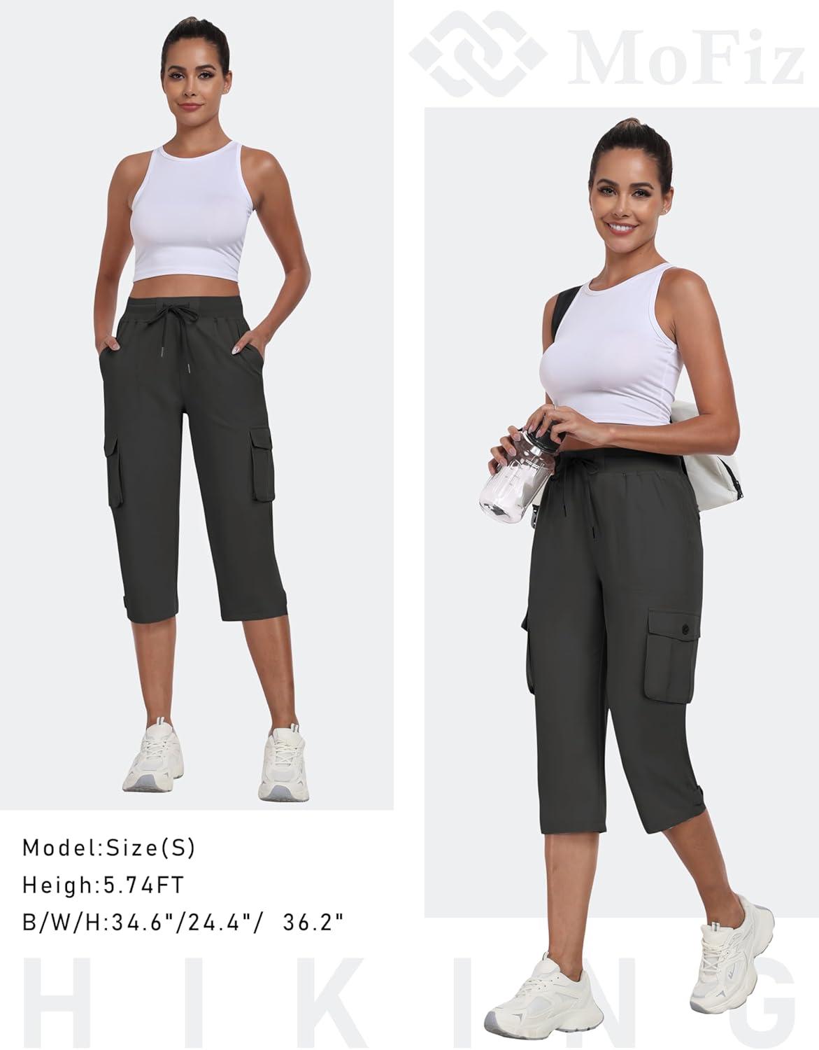 imageMoFiz Hiking Pants Women Capri Cargo Pants Summer Pants 34 Long Pants Lightweight Quick Dry with PocketDark Gray