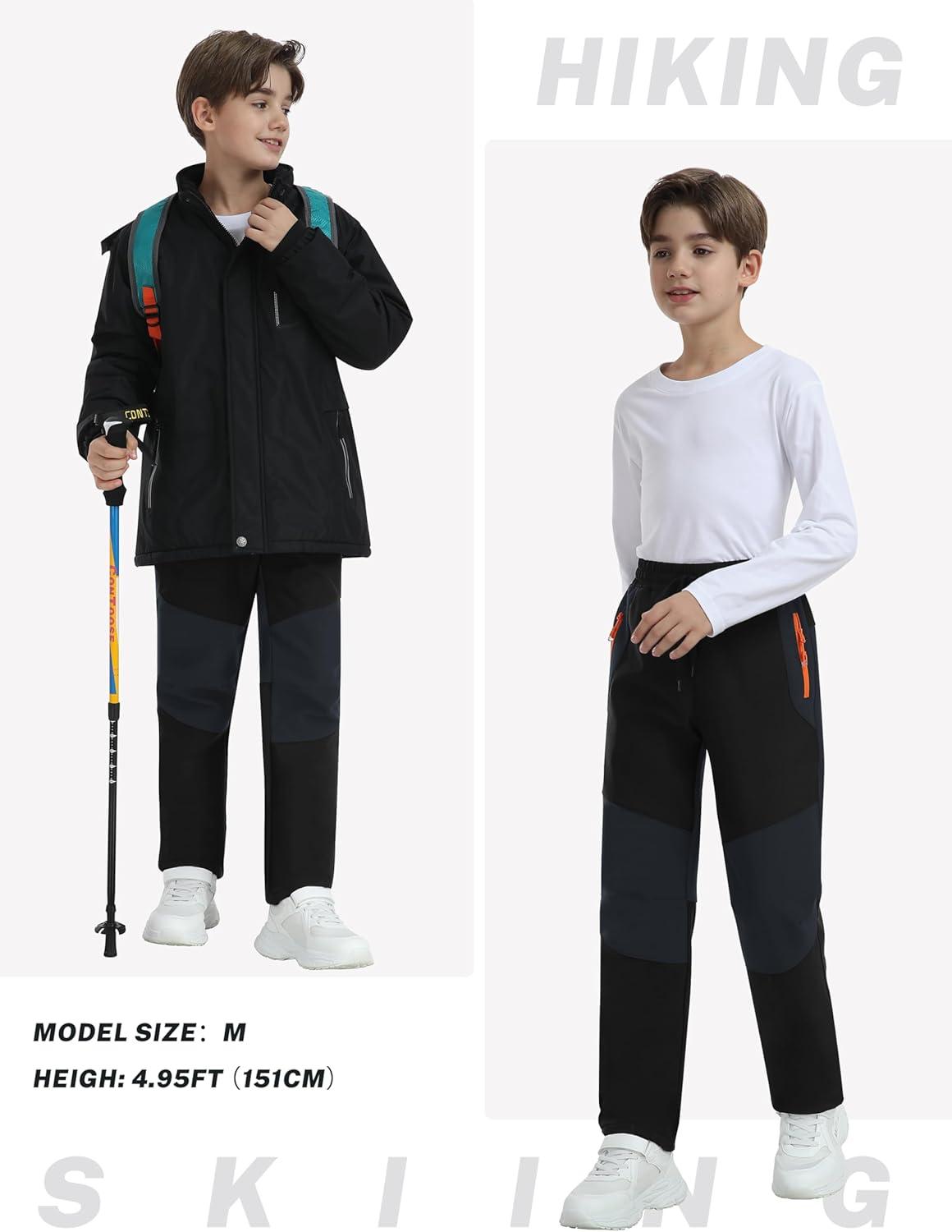 imageMoFiz Kids Fleece Lined Hiking Snow Ski Pants Boys Waterproof Winter Warm Outdoor Pants with Zippered PocketBlack02