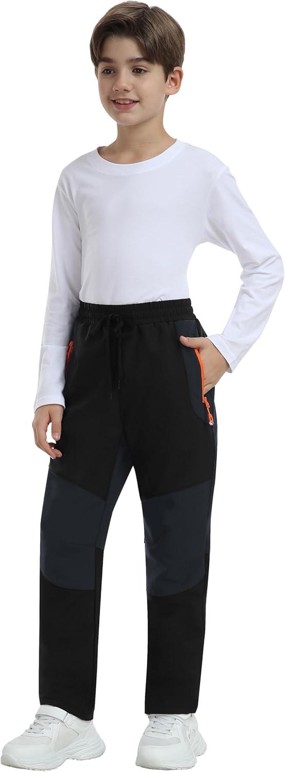 imageMoFiz Kids Fleece Lined Hiking Snow Ski Pants Boys Waterproof Winter Warm Outdoor Pants with Zippered PocketBlack02
