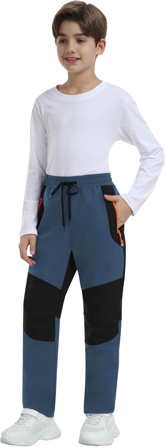 imageMoFiz Kids Fleece Lined Hiking Snow Ski Pants Boys Waterproof Winter Warm Outdoor Pants with Zippered PocketGrey Blue