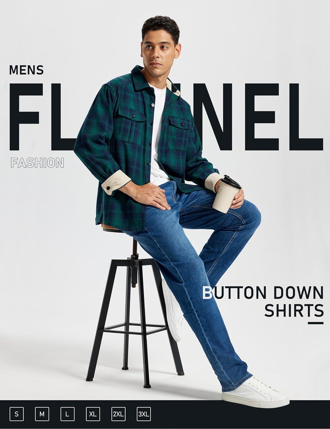 imageMoFiz Mens Long Sleeve Plaid Flannel Shirts Cotton Plaid Button Down Shirts for Men Soft Regular Fit Mens Casual ShirtsGreen Blue