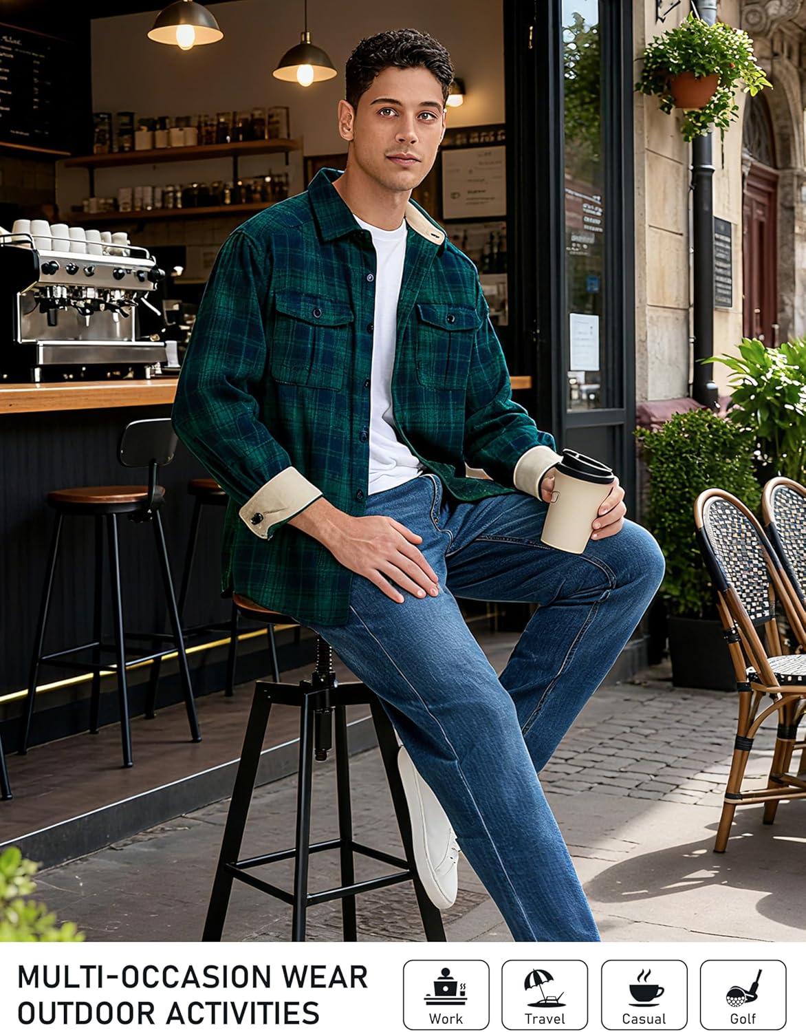 imageMoFiz Mens Long Sleeve Plaid Flannel Shirts Cotton Plaid Button Down Shirts for Men Soft Regular Fit Mens Casual ShirtsGreen Blue