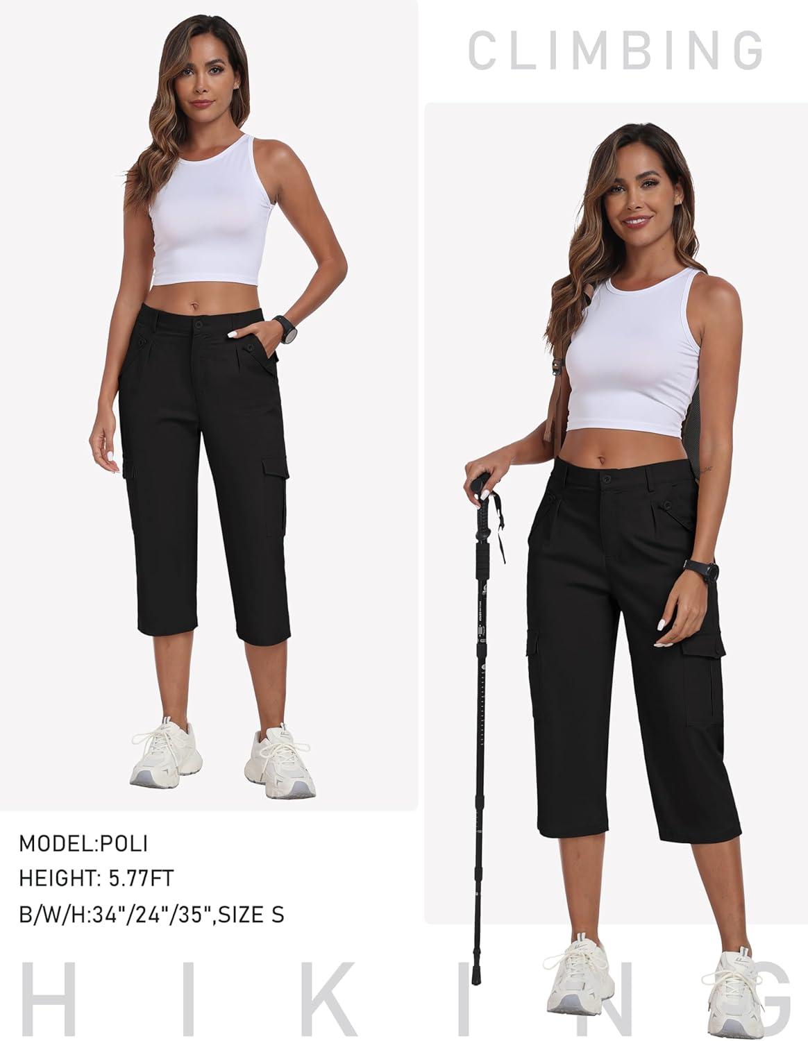 imageMoFiz Womens Cargo Capris Pants with 6 Pockets Lightweight Cotton Hiking Casual Travel Summer Capri Pants for WomenBlack