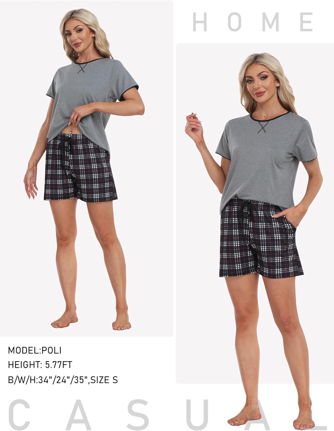 imageMoFiz Womens Pajamas 2 Piece Short Sleeve Sleepwear Set Summer Soft Pajamas Set Casual Lounge Sets Plaid M