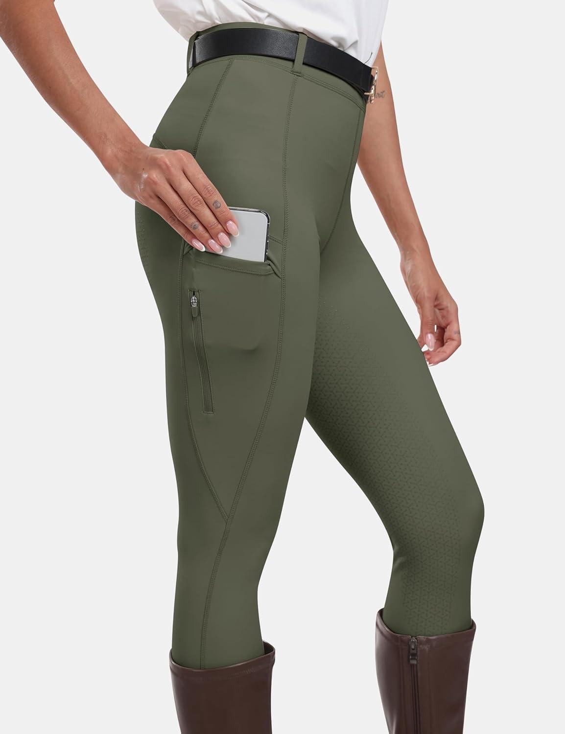 imageMoFiz Womens Silicone Full Seat Horse Riding Pants Zipper Pockets Equestrian Breeches Riding TightsGrayish Green