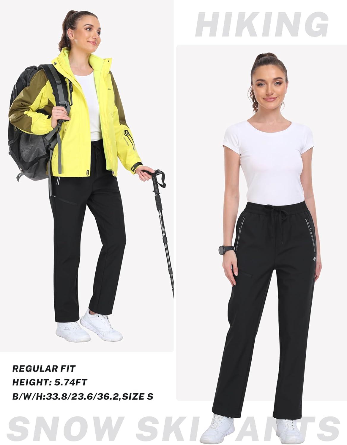 imageMoFiz Womens Waterproof Insulated Snow Pants Fleece Lined Winter Ski Hiking Pants Warm Outdoor Softshell with Elastic WaistBlack