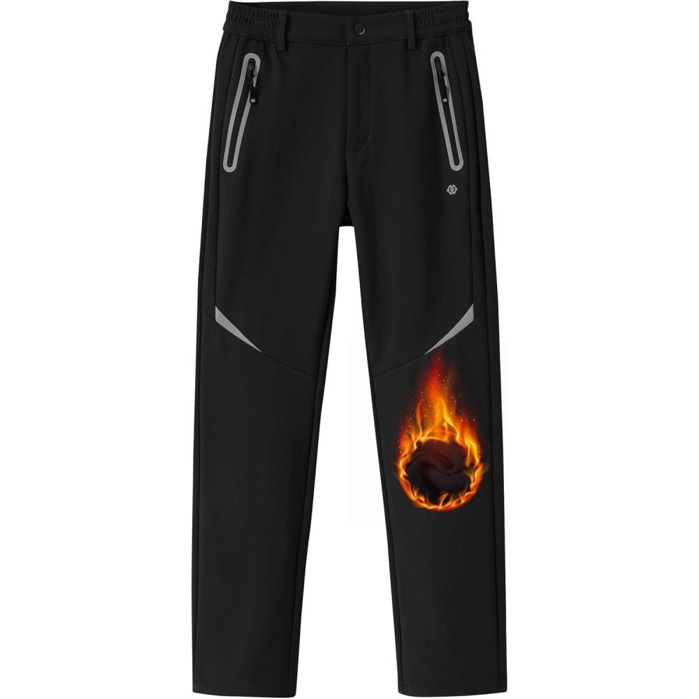 imageMoFiz Boys Fleece Hiking Snow Ski Pants Kids Winter Waterproof Warm Outdoor Pants with Zippered PocketY01black
