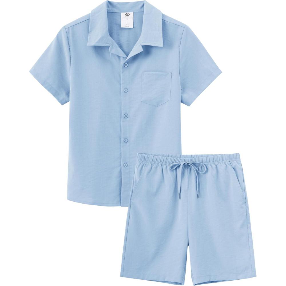 imageMoFiz Boys Short 2 Pieces Set Casual Beach Outfits Button Down Shirts Shorts Vacation Texture Sets Kids 616 YearsLight Blue