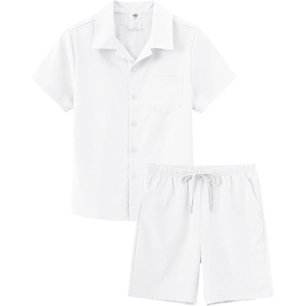 imageMoFiz Boys Short 2 Pieces Set Casual Beach Outfits Button Down Shirts Shorts Vacation Texture Sets Kids 616 YearsWhite