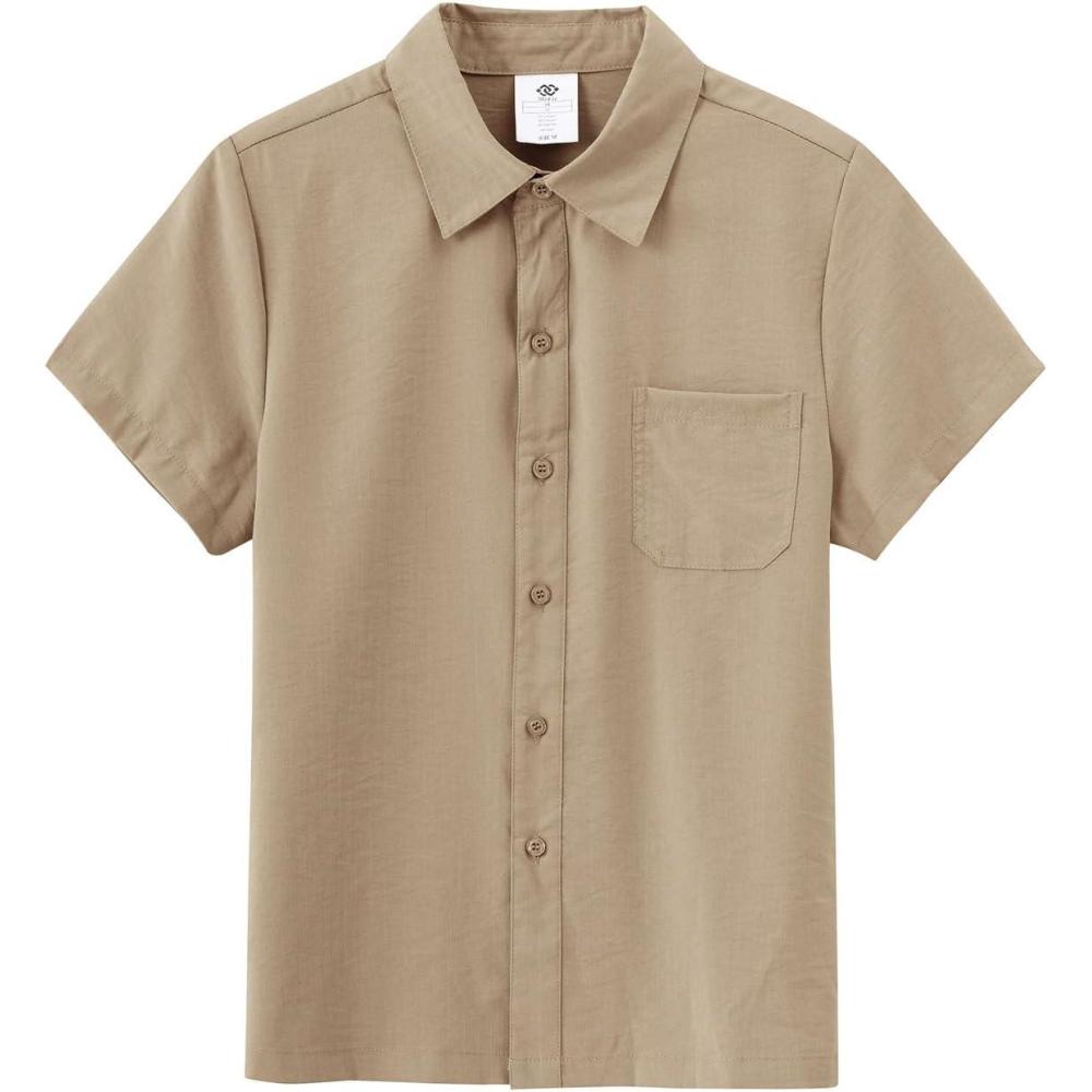 imageMoFiz Boys Short Sleeve Button Down Shirts Collared Beach ShirtKhaki
