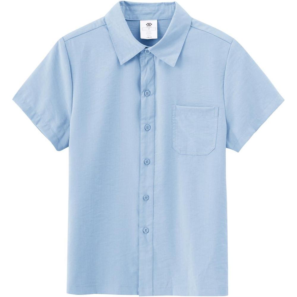 imageMoFiz Boys Short Sleeve Button Down Shirts Collared Beach ShirtLight Blue