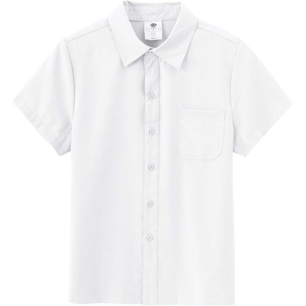 imageMoFiz Boys Short Sleeve Button Down Shirts Collared Beach ShirtWhite