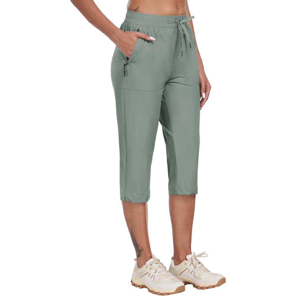 imageMoFiz Capri Pants for Women Lightweight Ice Cool Capris for Women Casual Summer with Zipper PocketsD04gray Green