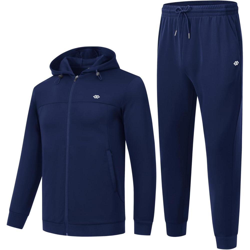 imageMoFiz Mens 2 Piece Tracksuit Casual Sweatsuits Full Zip Track Suits Jogging Athletic Hooded Gym Sport Running Suit Sets Zipper Pockets Navy L