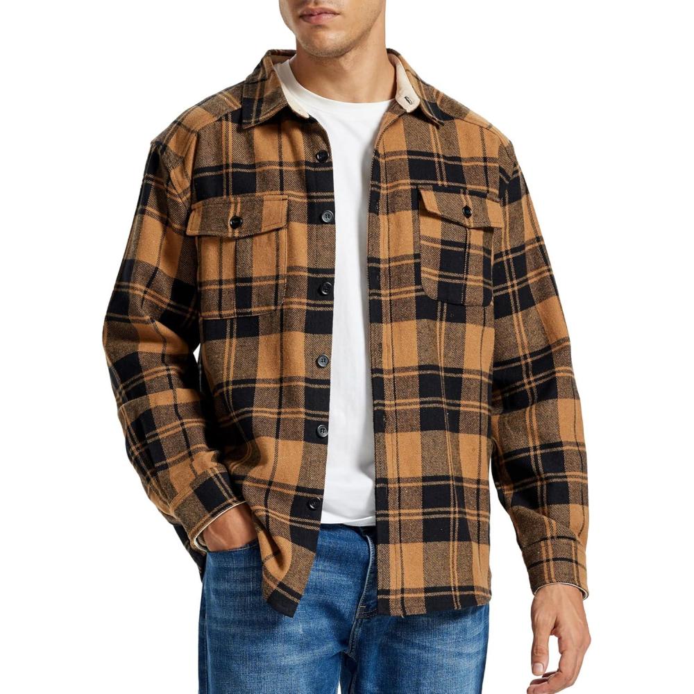 imageMoFiz Mens Long Sleeve Plaid Flannel Shirts Cotton Plaid Button Down Shirts for Men Soft Regular Fit Mens Casual ShirtsBlack Brown
