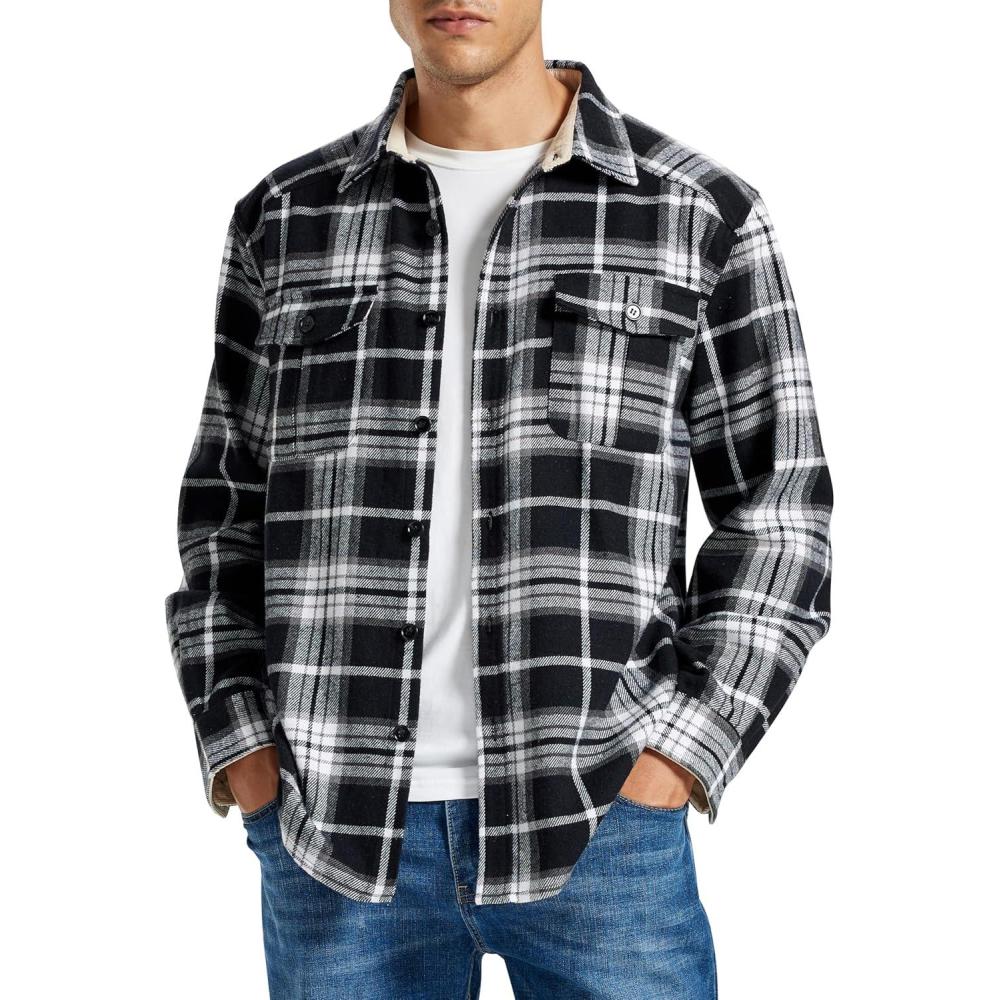 imageMoFiz Mens Long Sleeve Plaid Flannel Shirts Cotton Plaid Button Down Shirts for Men Soft Regular Fit Mens Casual ShirtsBlack White