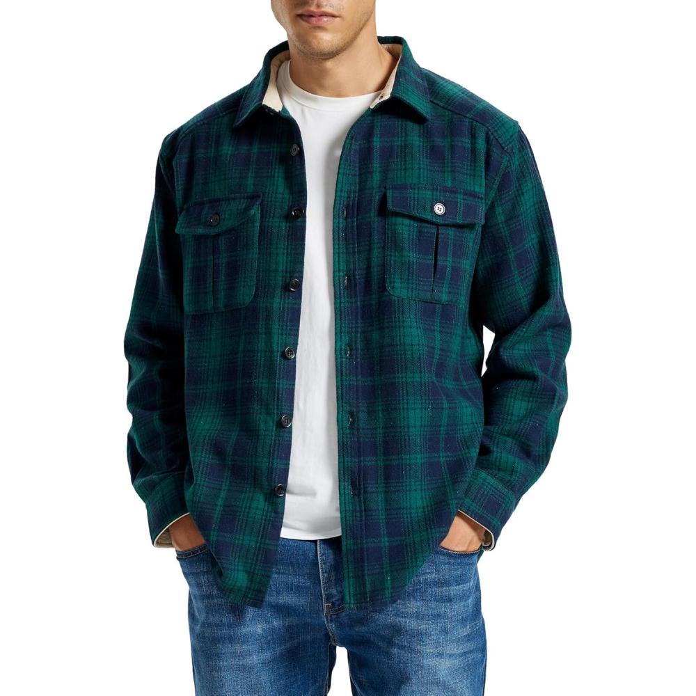 imageMoFiz Mens Long Sleeve Plaid Flannel Shirts Cotton Plaid Button Down Shirts for Men Soft Regular Fit Mens Casual ShirtsGreen Blue