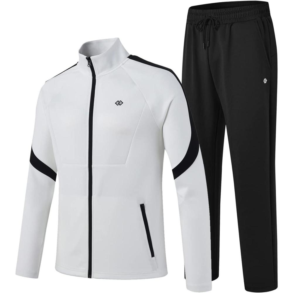 imageMoFiz Mens Tracksuits Set Long Sleeve Causal Full Zip Running Sports Sweatsuit For Men 2 Piece OutfitsAawhiteblack