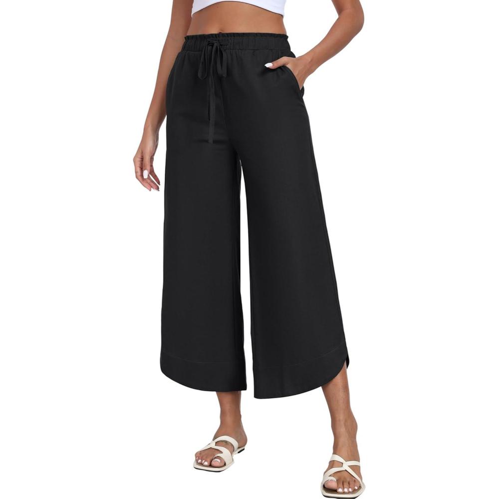 imageMoFiz Women Cotton Linen Pants Casual Loose Women Wide Leg Pants with Arc Legs Design Flowy Pants Beach PantsA02black