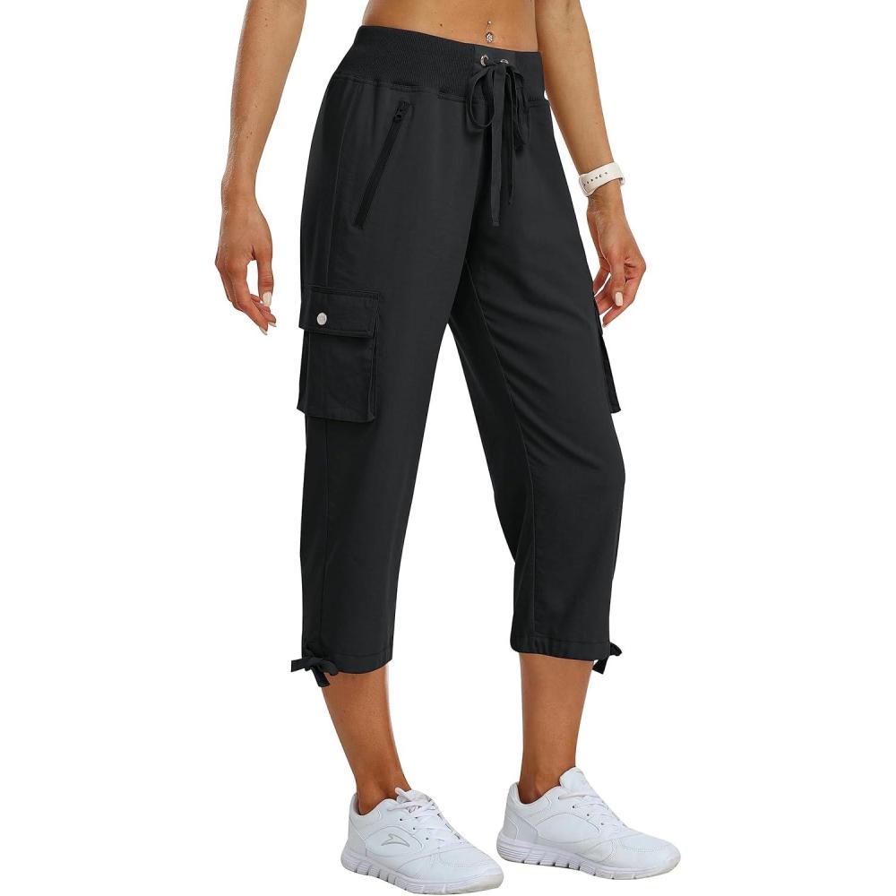imageMoFiz Womens Cargo Capris Pants Loose Fit Casual Hiking Pants Lightweight Quick Dry Travel Summer Pants for WomenBlack