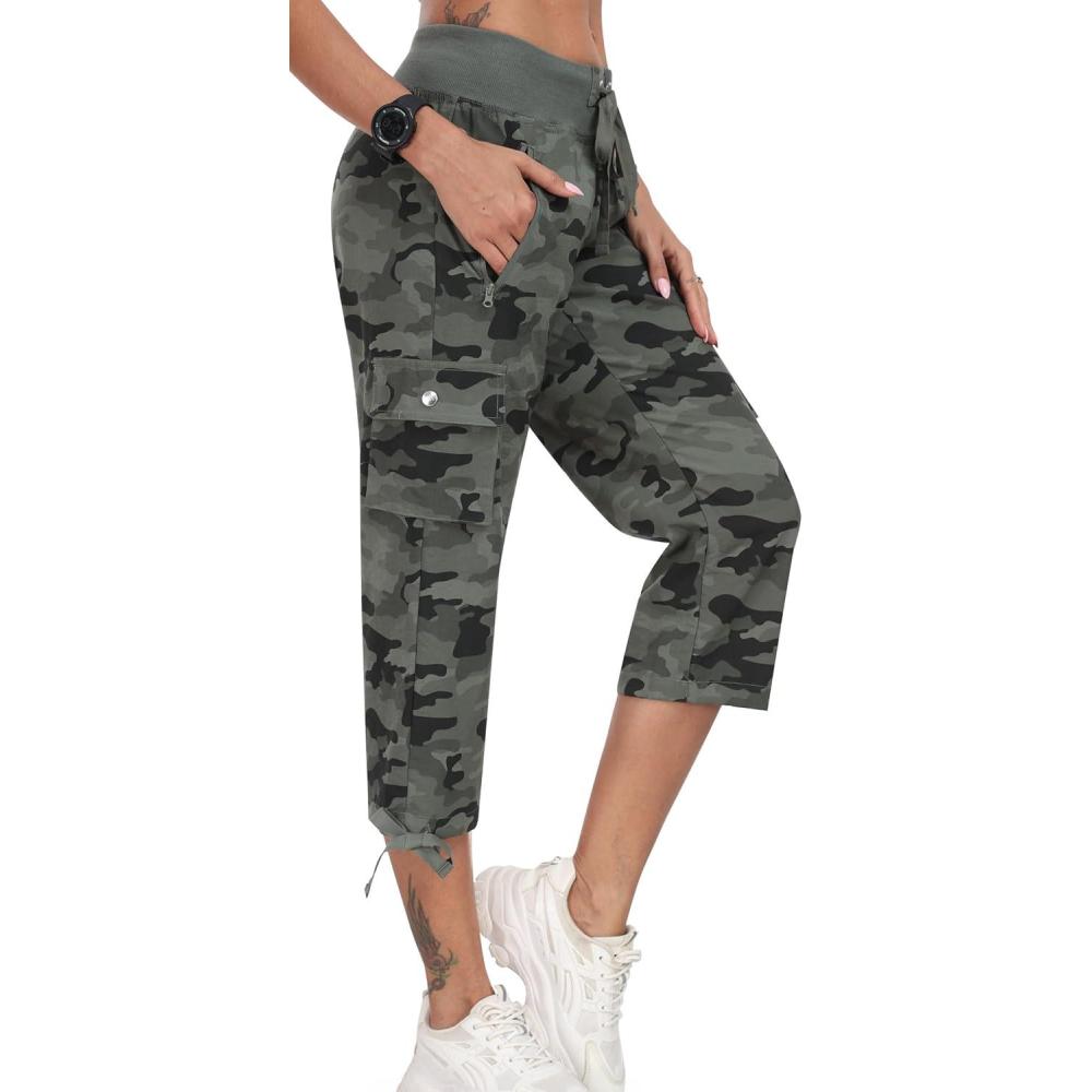 imageMoFiz Womens Cargo Capris Pants Loose Fit Casual Hiking Pants Lightweight Quick Dry Travel Summer Pants for WomenCamo Green