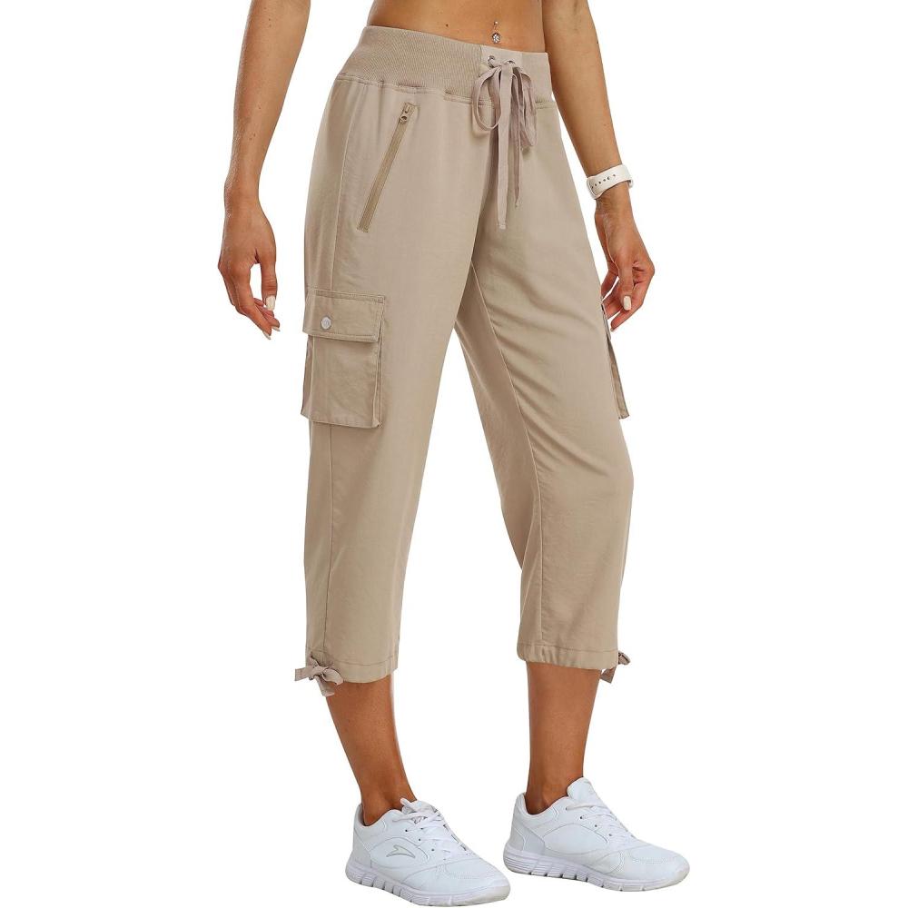 imageMoFiz Womens Cargo Capris Pants Loose Fit Casual Hiking Pants Lightweight Quick Dry Travel Summer Pants for WomenKhaki