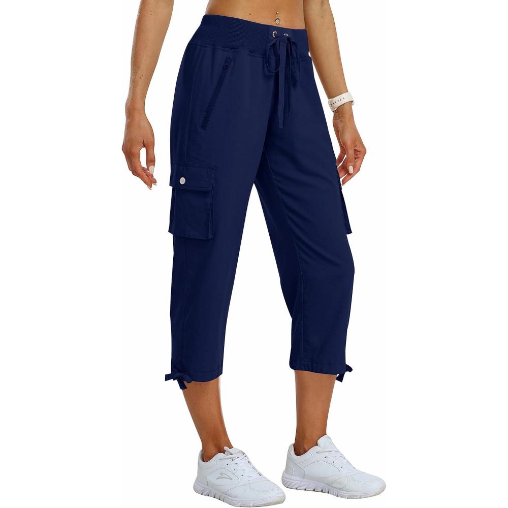 imageMoFiz Womens Cargo Capris Pants Loose Fit Casual Hiking Pants Lightweight Quick Dry Travel Summer Pants for WomenNavy