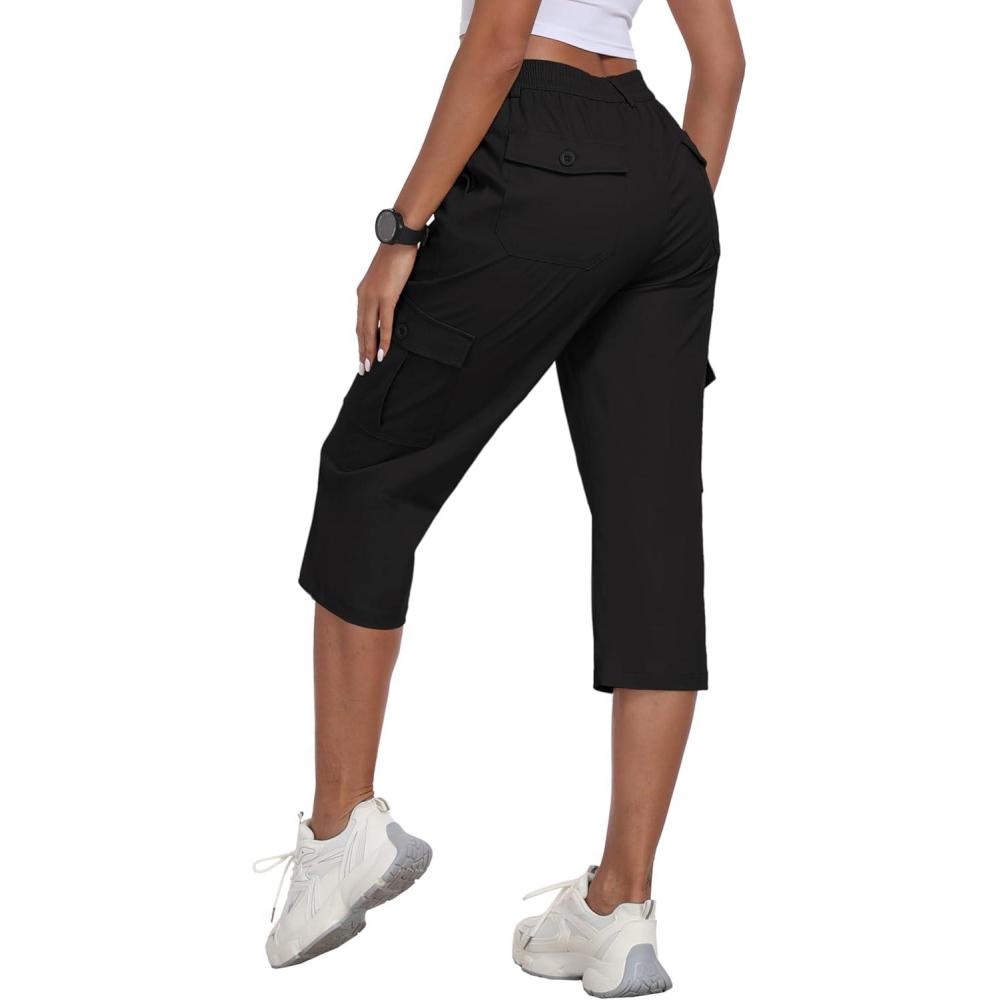 imageMoFiz Womens Cargo Capris Pants with 6 Pockets Lightweight Cotton Hiking Casual Travel Summer Capri Pants for WomenBlack