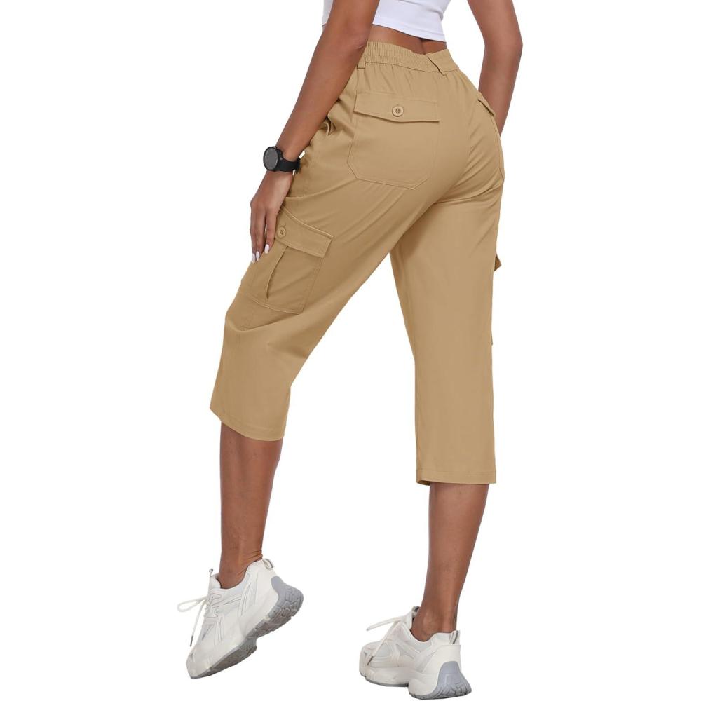 imageMoFiz Womens Cargo Capris Pants with 6 Pockets Lightweight Cotton Hiking Casual Travel Summer Capri Pants for WomenDark Khaki