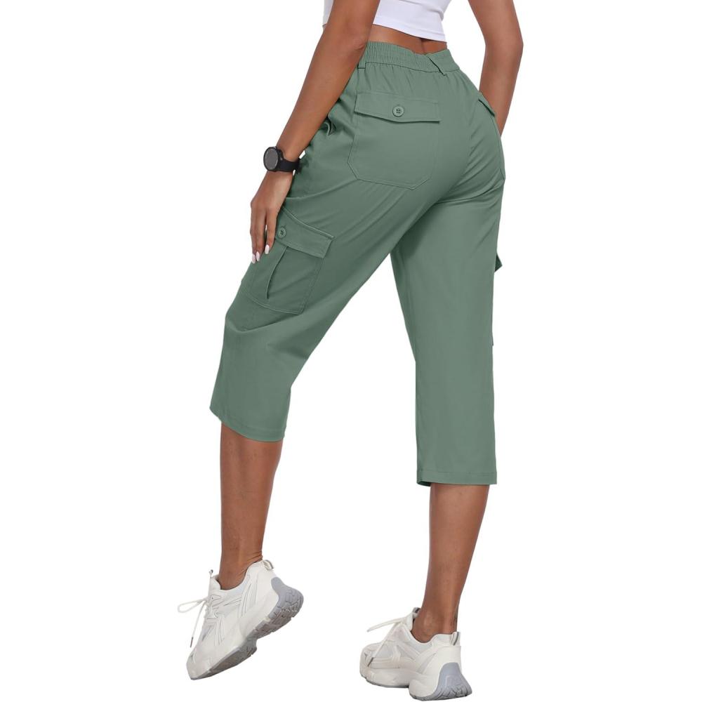 imageMoFiz Womens Cargo Capris Pants with 6 Pockets Lightweight Cotton Hiking Casual Travel Summer Capri Pants for WomenGrey Green
