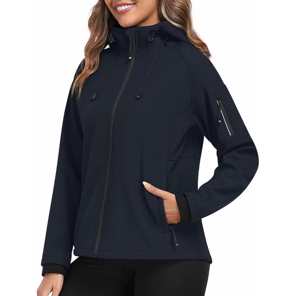 imageMoFiz Womens Fleece Lined Softshell Jacket Hooded Windproof Lightweight Insulated Jacket Full Zip Warm CoatNavy