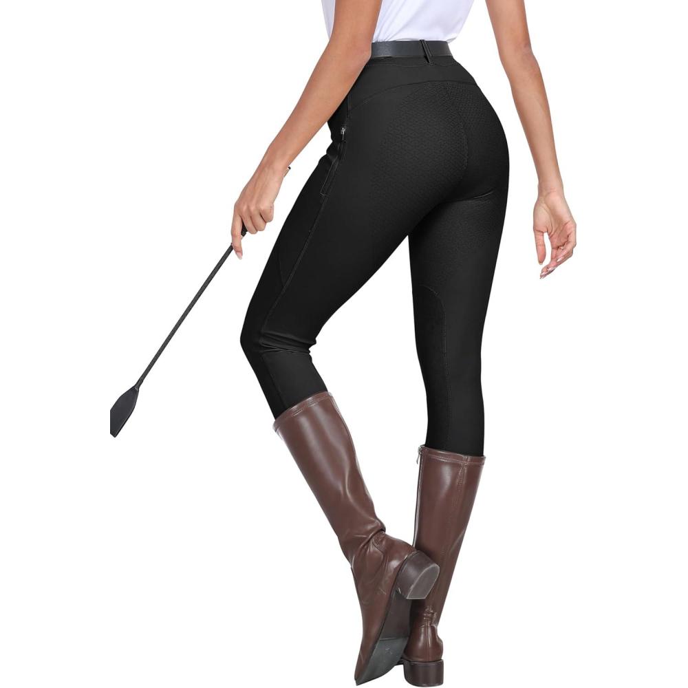 imageMoFiz Womens Horse Riding Pants Full Seat Silicon KneePatch Equestrian Breeches Horseback Schooling Tights Zipper PocketsDark Grey