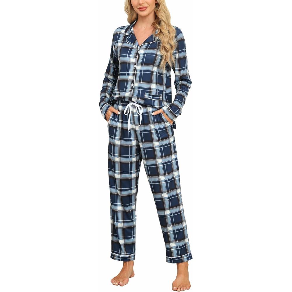 imageMoFiz Womens Pajama Set 2 Piece Long Sleeve Plaid Pjs V Neck Drawstring Elastic Waist Sleepwear Nightwear Lounge Set Comfy Plaid 59 L