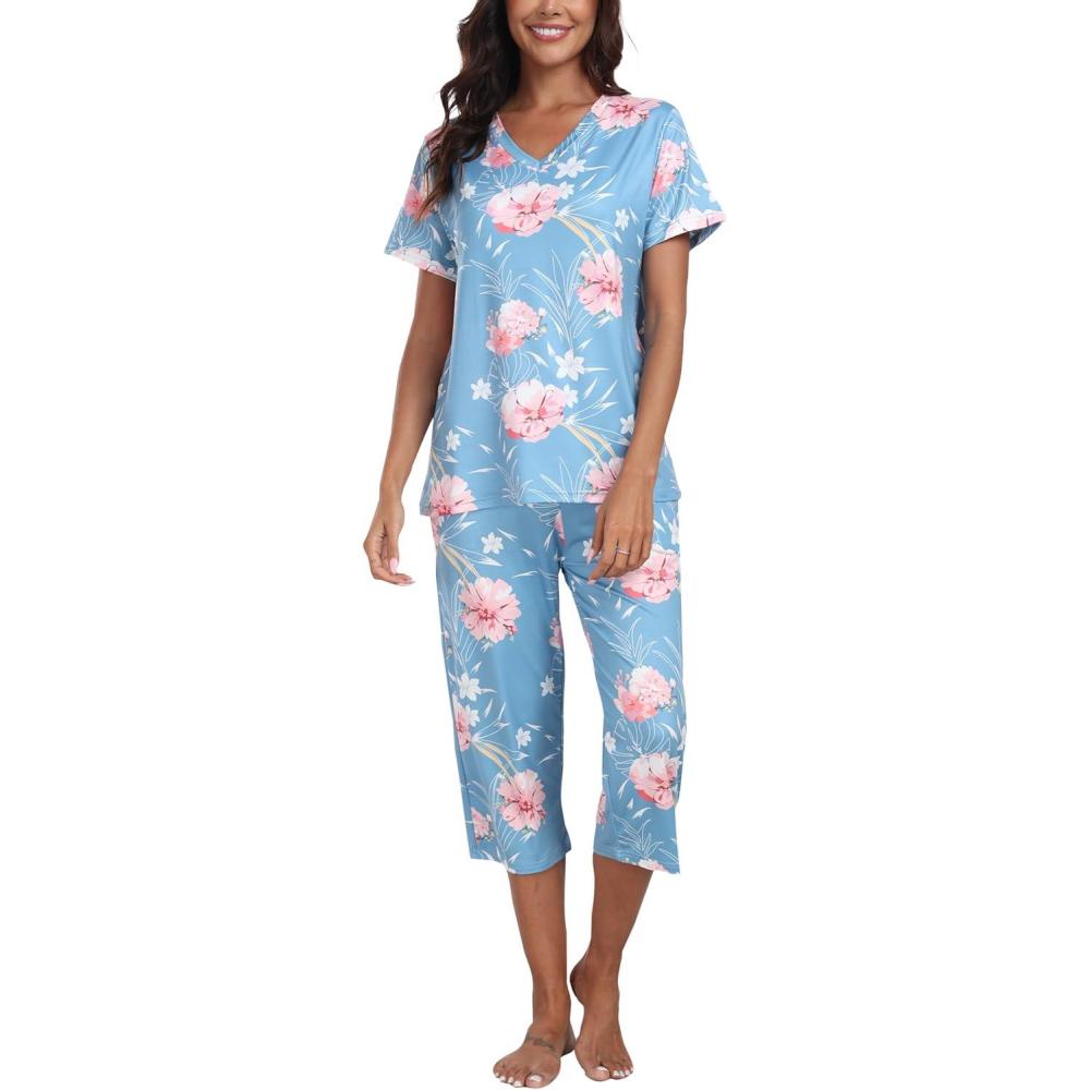 imageMoFiz Womens Pajama Sets Floral Pj Set Short Sleeve Top with Capri Pants 2 Piece Summer V Neck Sleepwear with Pockets ZFloral L