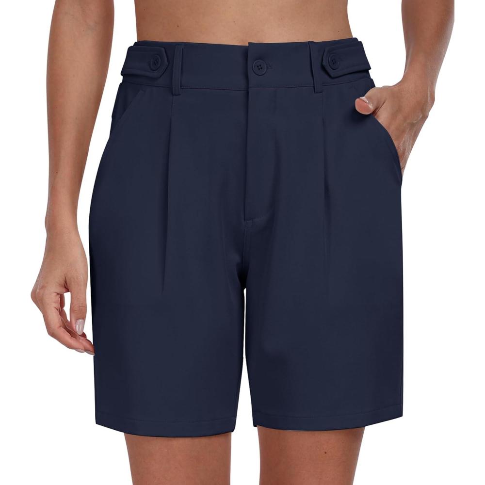 imageMoFiz Womens Shorts Dressy Casual Business Work Shorts Elastic Waist Straight Leg Pleated Summer Bermuda Shorts with PocketsNavy
