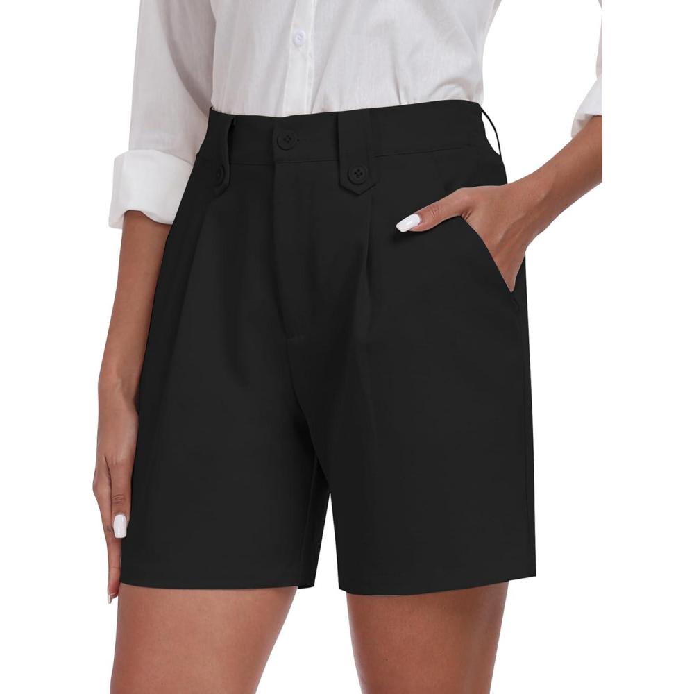 imageMoFiz Womens Shorts Summer Dressy Elastic High Waisted Business Casual Work Shorts with PocketsBlack