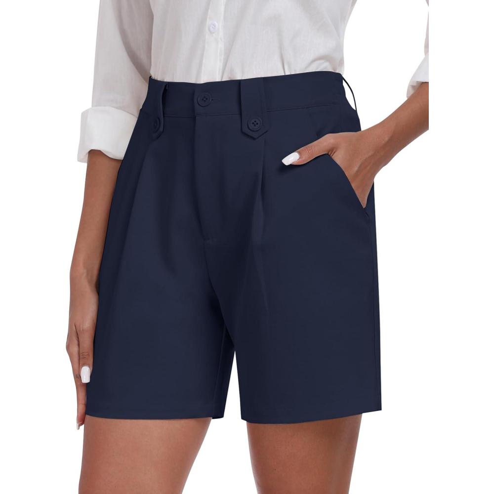 imageMoFiz Womens Shorts Summer Dressy Elastic High Waisted Business Casual Work Shorts with PocketsNavy Blue