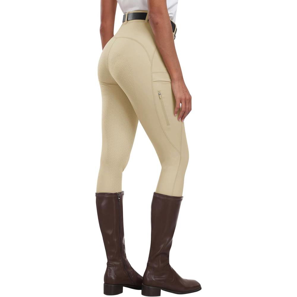 imageMoFiz Womens Silicone Full Seat Horse Riding Pants Zipper Pockets Equestrian Breeches Riding TightsKhaki