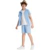 MoFiz Boy’s Short 2 Pieces Set Casual Beach Outfits Button Down Shirts Shorts Vacation Texture Sets Kids 6-16 Years(Light Blue)