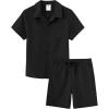 MoFiz Boy’s Short 2 Pieces Set Casual Beach Outfits Button Down Shirts Shorts Vacation Texture Sets Kids 6-16 Years(Black)