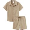 MoFiz Boy’s Short 2 Pieces Set Casual Beach Outfits Button Down Shirts Shorts Vacation Texture Sets Kids 6-16 Years(Khaki)