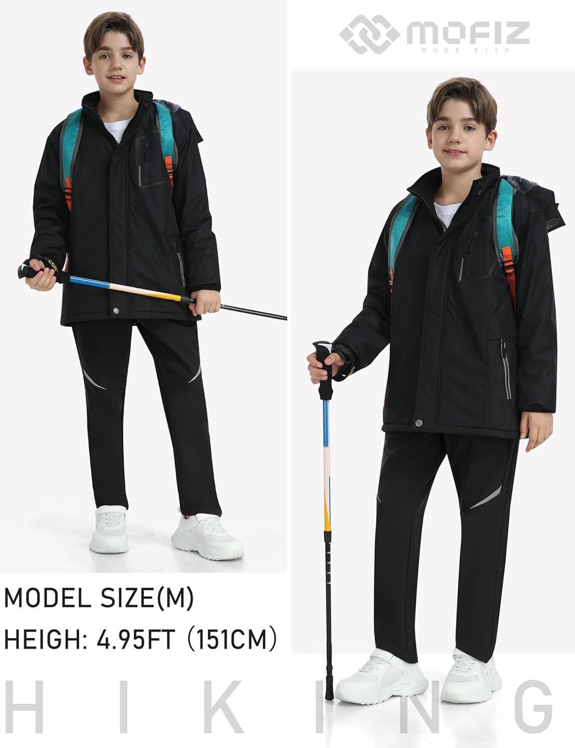 imageMoFiz Kids Fleece Lined Snow Ski Pants Waterproof Warm Winter Hiking Pants for Boys Girls Snowboard Pants with Zip PocketsZipblack