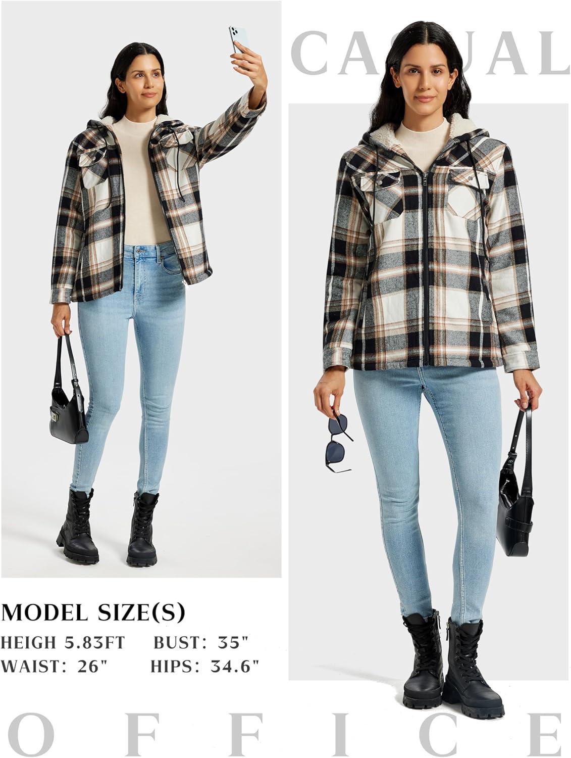 imageMoFiz Womens Fleece Zip Up Hoodie Flannel Plaid Hoodie Winter Warm Casual Sweatshirts With PocketY07black Brown