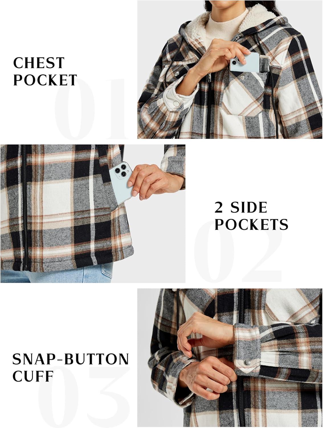 imageMoFiz Womens Fleece Zip Up Hoodie Flannel Plaid Hoodie Winter Warm Casual Sweatshirts With PocketY07black Brown