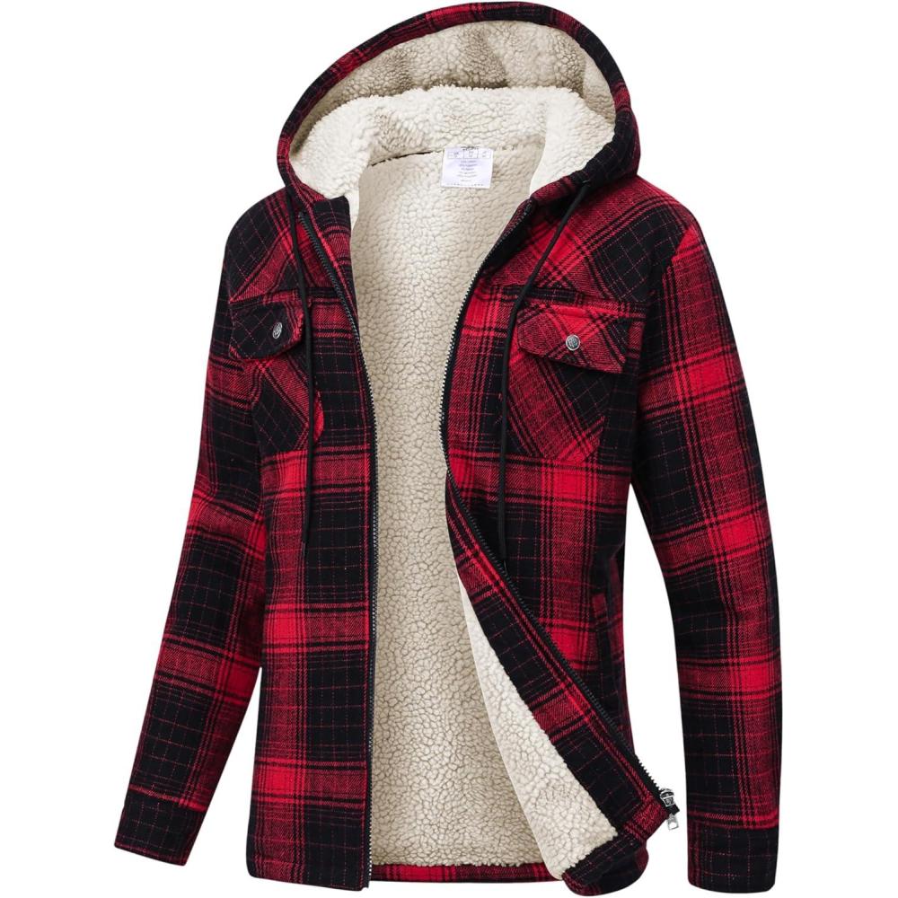 imageMoFiz Womens Fleece Zip Up Hoodie Flannel Plaid Hoodie Winter Warm Casual Sweatshirts With PocketY06black Red