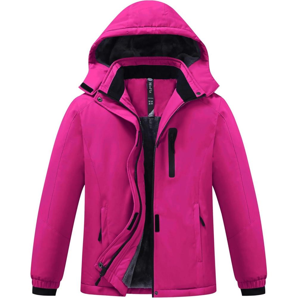 imageMoFiz Girls Ski Jacket Warm Winter Jacket Windproof Fleece Winter Coat Snow Jackets with Zipper PocketsZrose Red