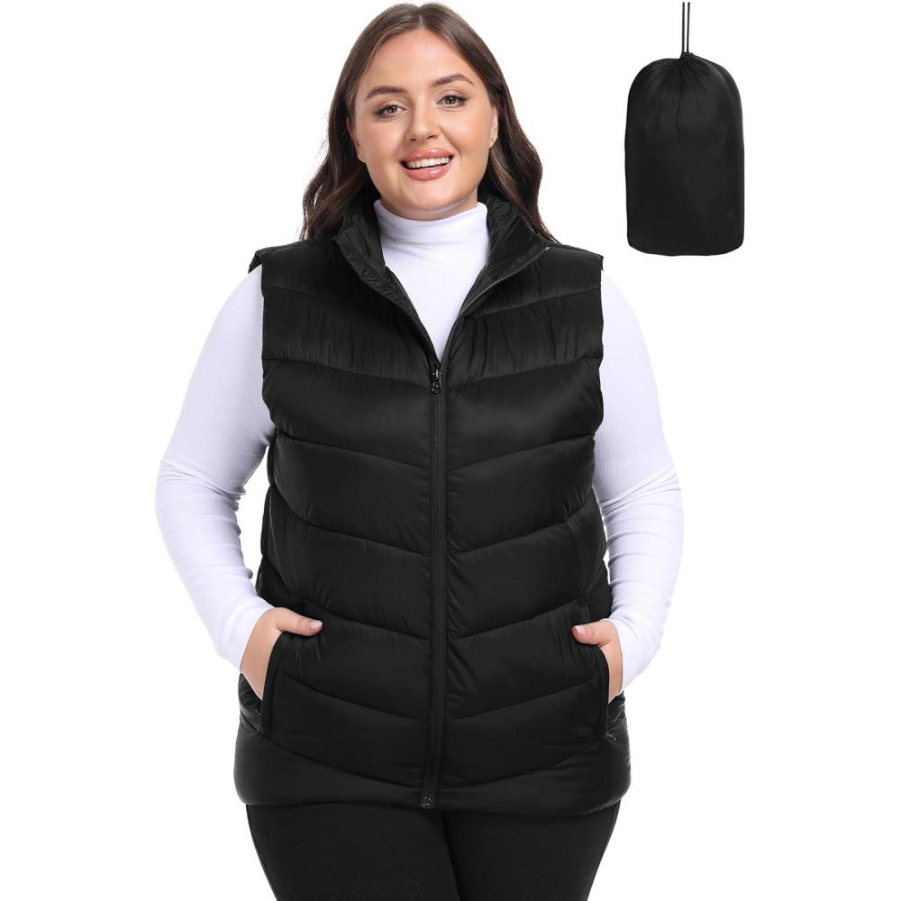 imageMoFiz Womens Plus Size Puffer Vest Packable Quilted Puffy Vest Lightweight Winter Outerwear Vests for Hiking VacationBlack
