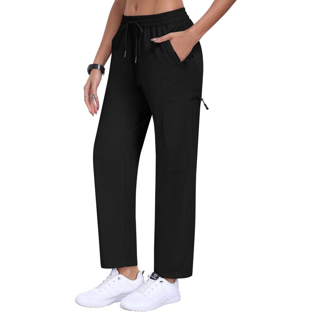 imageMoFiz Womens Hiking Cargo Pants Lightweight Joggers Elastic Waist Athletic Outdoor Sweatpants Casual Travel Pant with Pocket Black XL